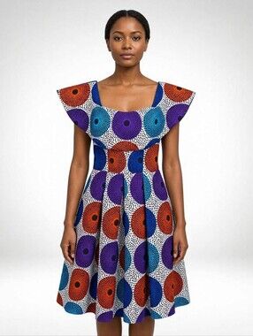 Women’s Handmade African Multicolor Midi Dress, Geometric Print, Caribana, Party